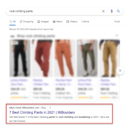 primele poziții în rezultatele de căutare google pentru interogarea pantaloni de alpinism