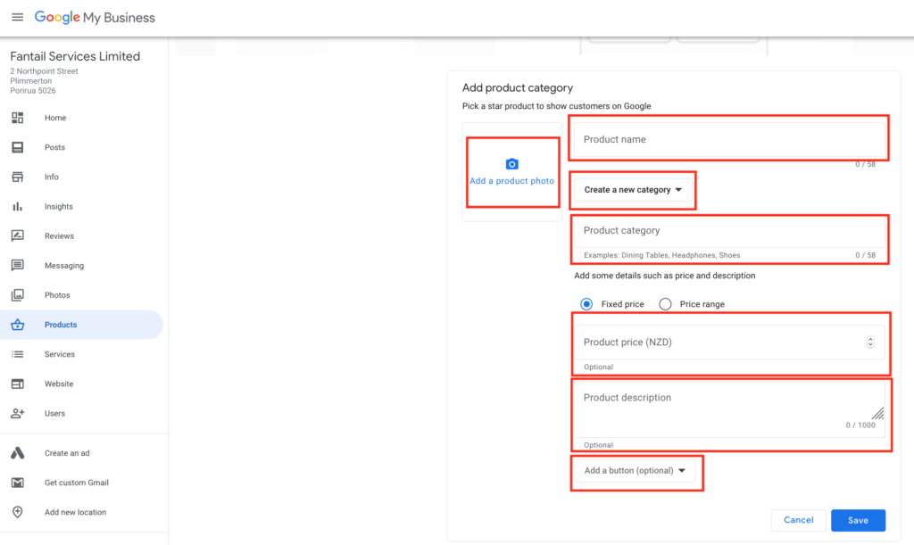 chenarele de completat pentru adăugarea produselor