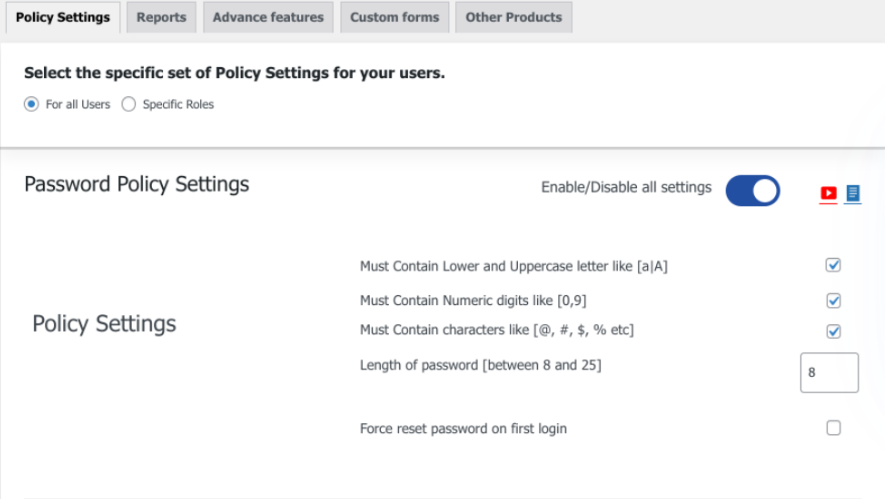 setările politicii de parolă pluginul password policy