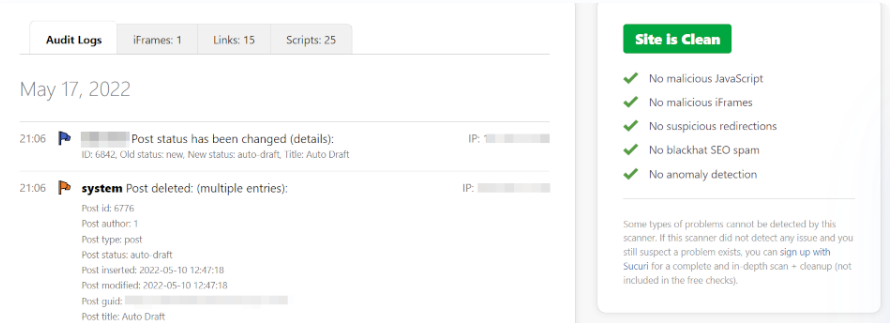 interfața jurnalul de activități wordpress
