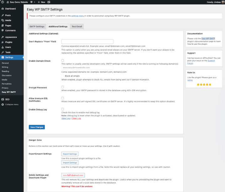 setările opționale ale pluginului wp easy smtp