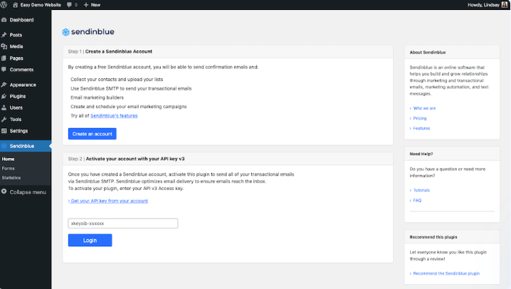pagina sendinblue conectată cu wordpress